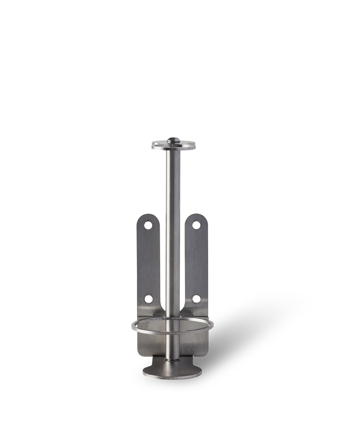 A brushed stainless steel wall-mounted bracket designed to hold a single bottle.