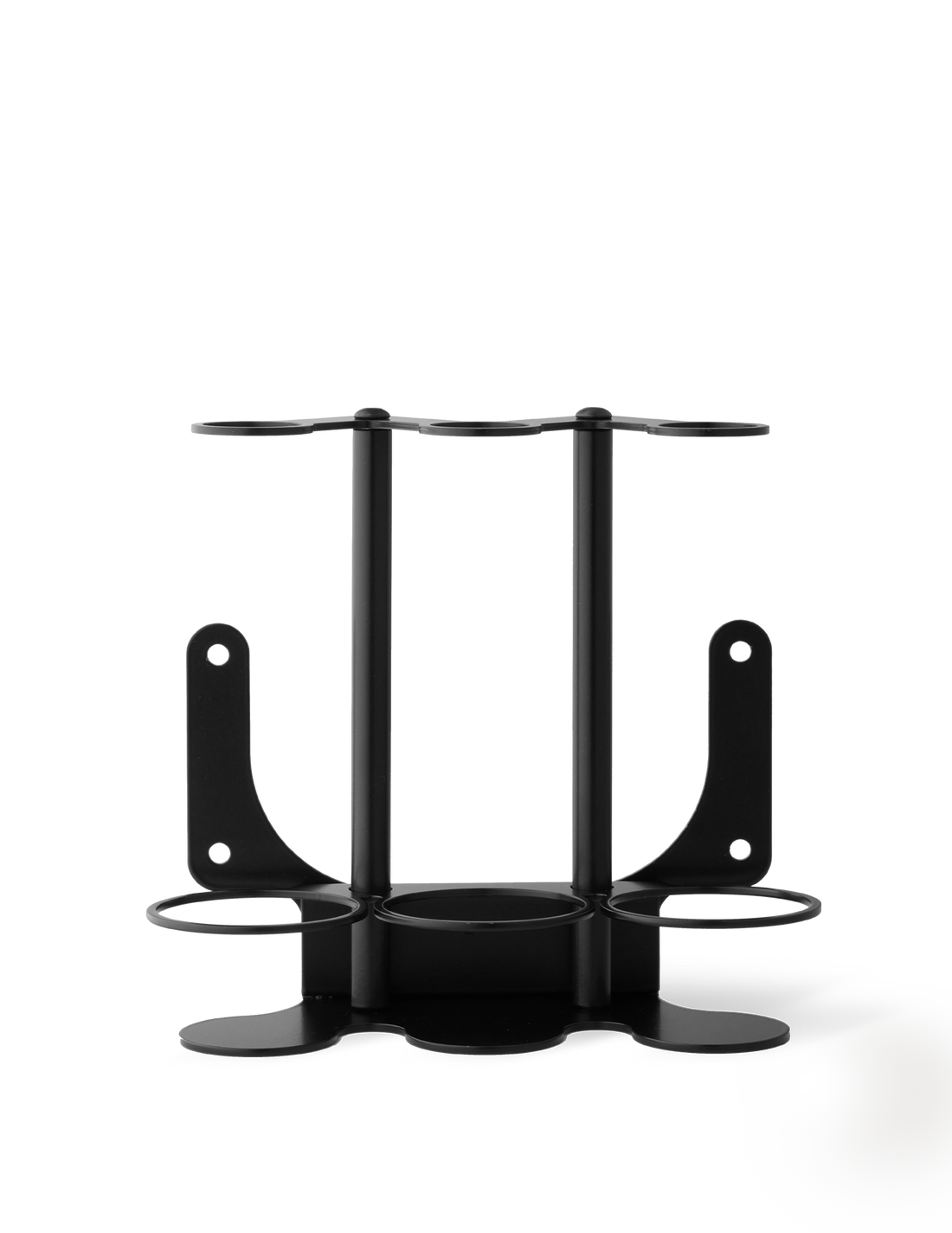 A black stainless steel wall-mounted bracket for three bottles.