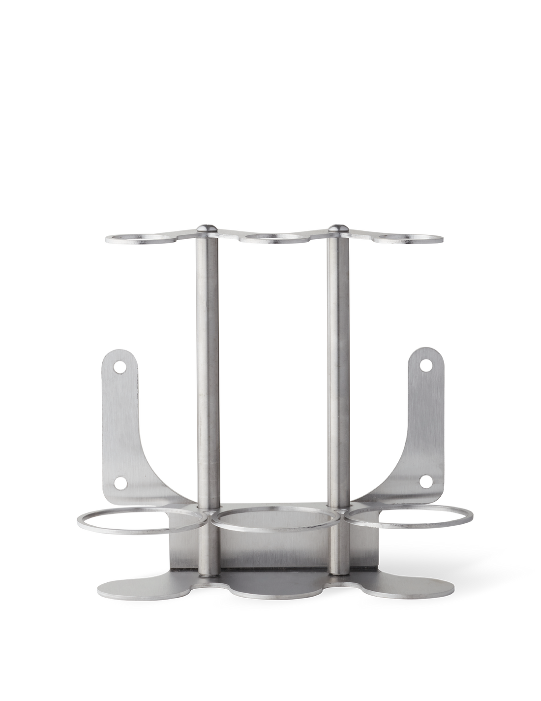 A brushed stainless steel wall-mounted bracket designed to hold three bottles.